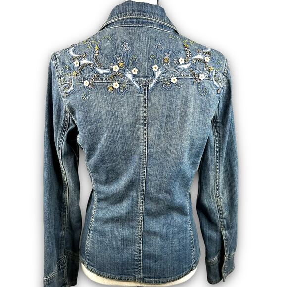 Brandon Thomas Womens Jean Denim Trucker Jacket Embellished Floral Size Small - Picture 5 of 8